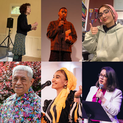 Photos of Merna Hecht, Najib Abbi, Ada Safi, Raúl Sánchez, Tasneem aka "Ms Taz," and Shogofa Amini