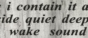 heavy black lower case text on a variegated, gray background. Partial words as well as "i contain it a -ide quiet deep wake sound"
